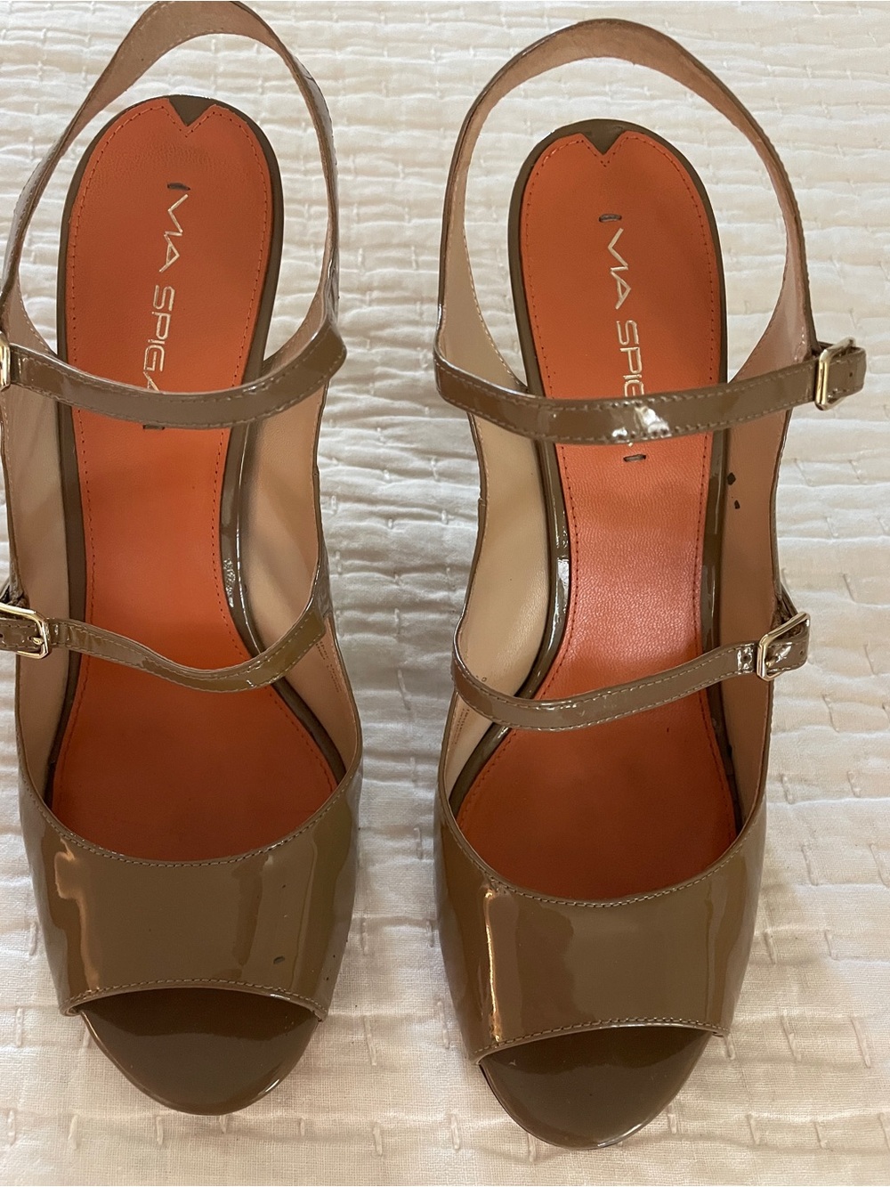 Via Spiga Taupe Patent Slingback Heels with Orange Insoles